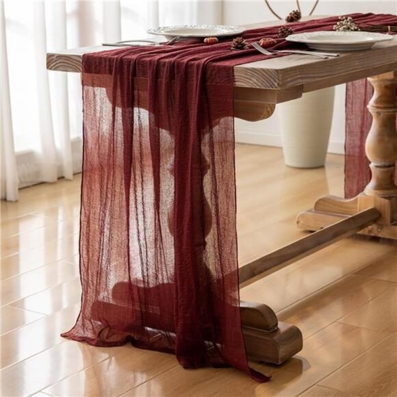Burgundy Christmas Table Runner Decor Red Cheesecloth Gauze 120 Inch 10FT Rustic - Picture 5 of 7